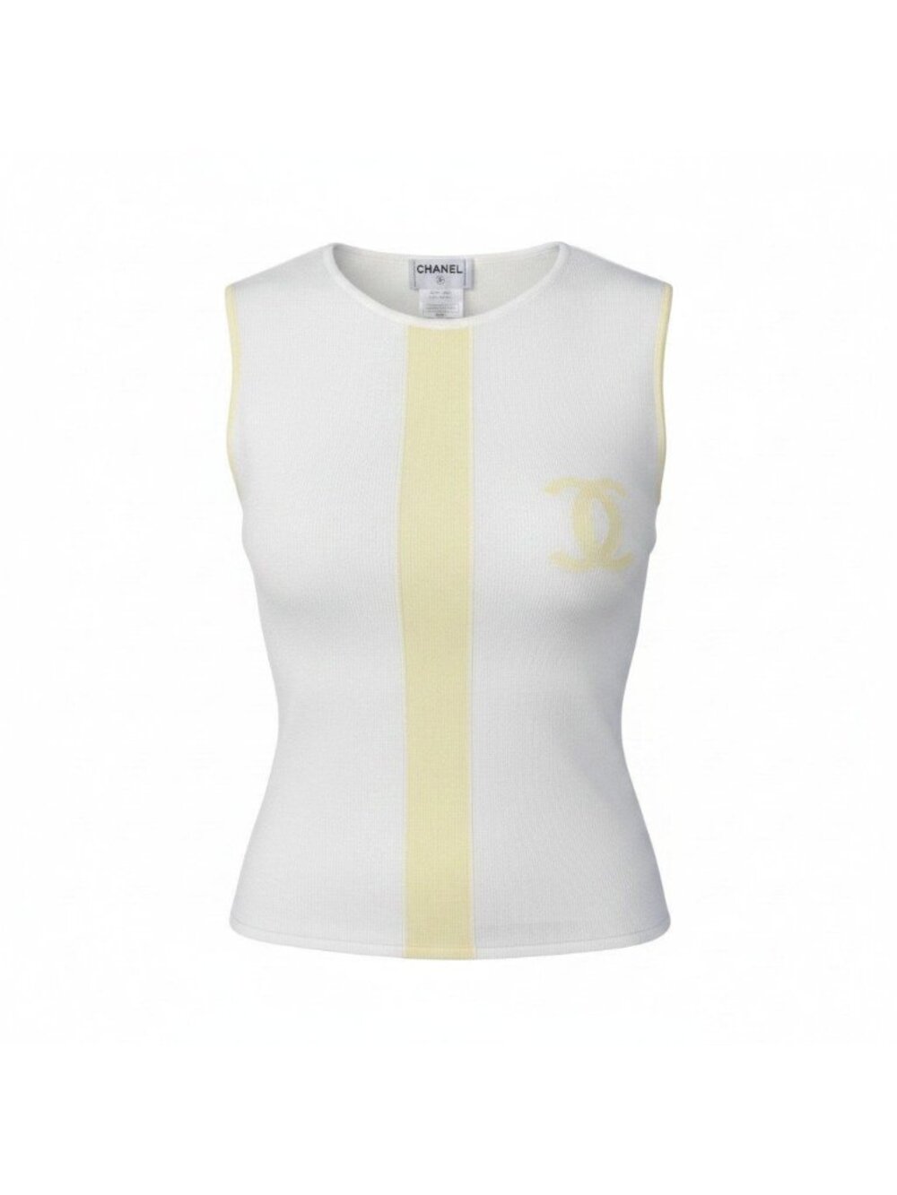 Chanel Cf9 Sleeveless Knit Cotton CC Logo White Yellow Sweater